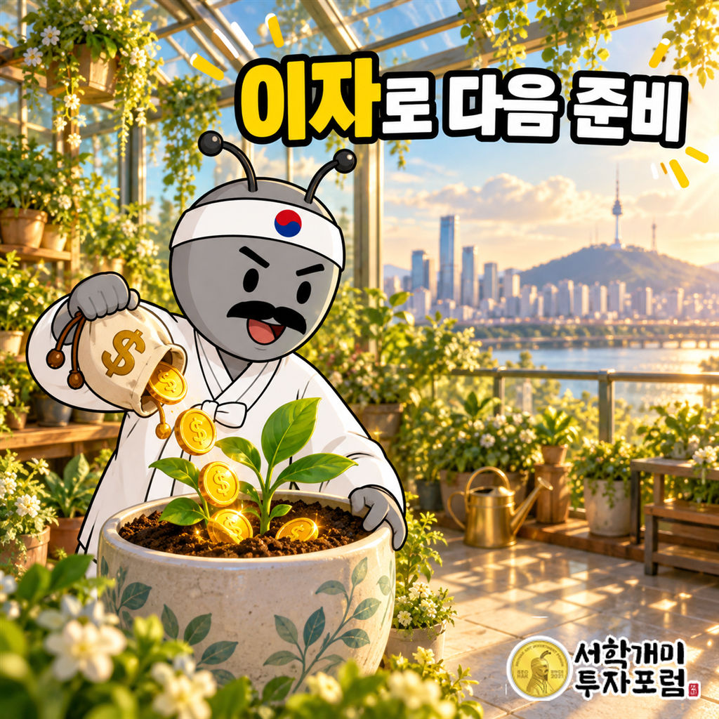 동학개미가 햇살 가득한 온실에서 세후 이자 주머니의 달러 동전을 새싹이 자라는 화분에 담으며 다음 목표를 준비한다.