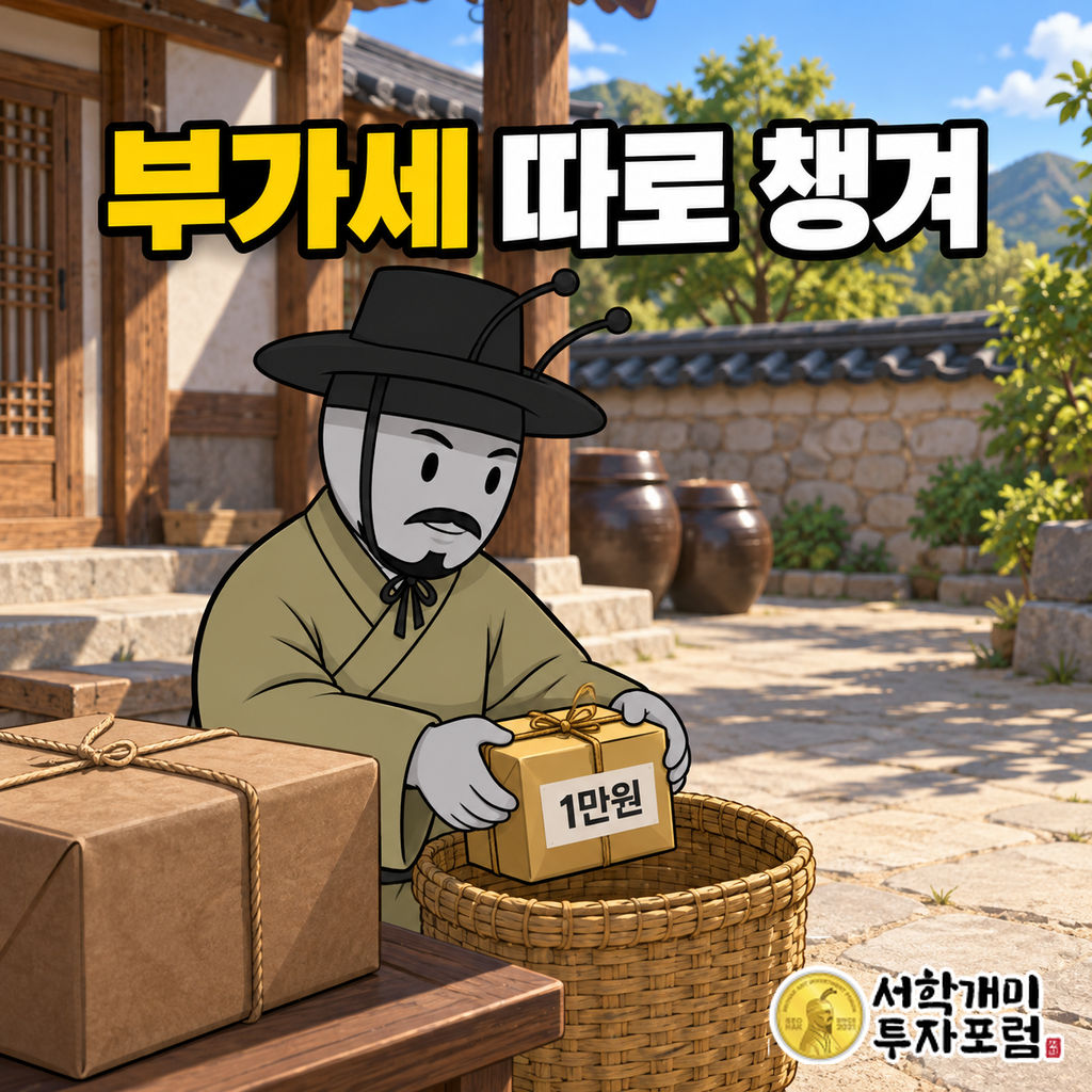 양반개미가 햇살이 비치는 야외 마당에서 부가세 1만원 상자를 별도 바구니에 담아 챙기는 장면
