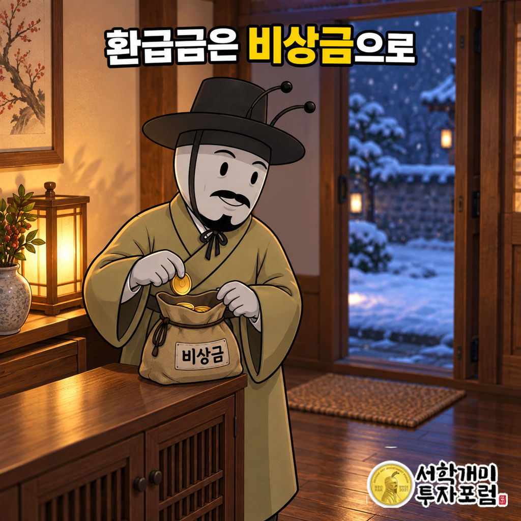 양반개미가 눈 내리는 저녁 귀가한 뒤 따뜻한 집 현관에서 환급 동전을 비상금 주머니에 넣는 장면